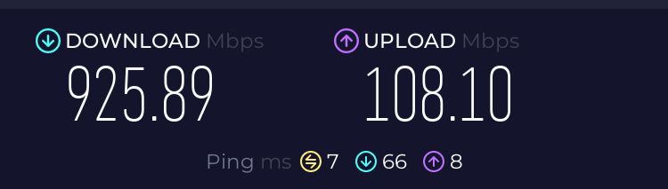 Speed test results showing 925Mbps download and 108Mbps upload with 7ms ping