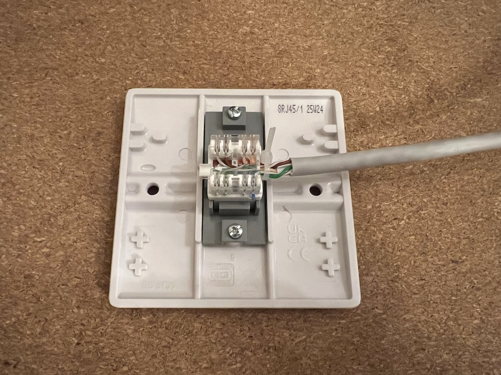 Wired up RJ45 socket after snipping