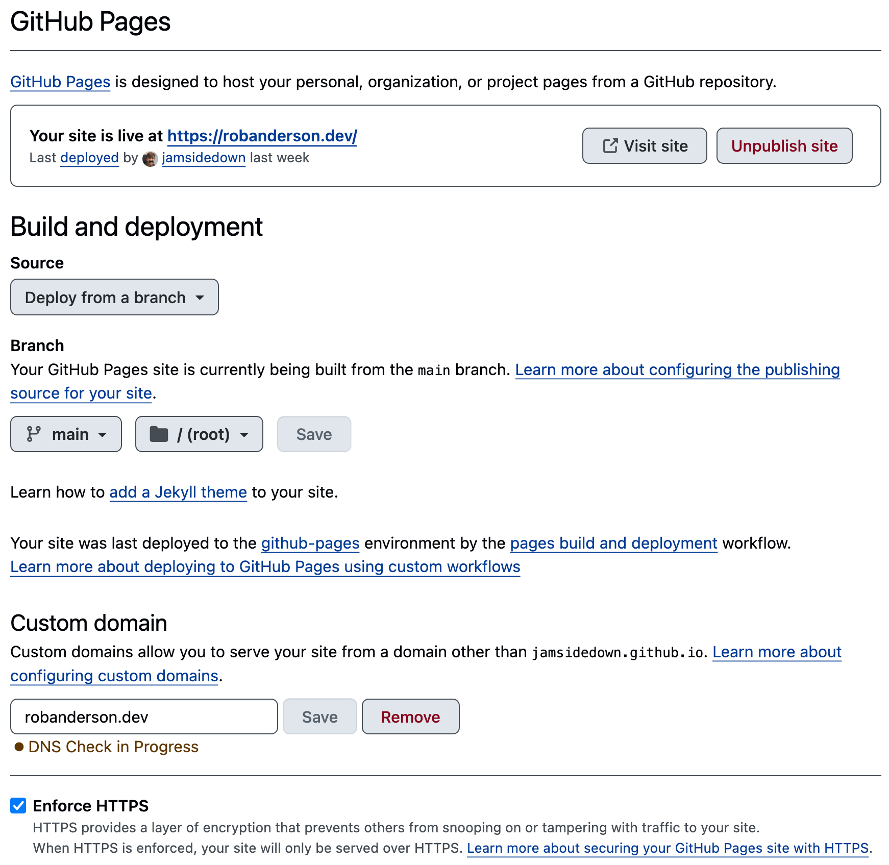 screenshot of github pages config