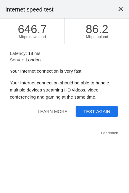 Screenshot of speed test showing 646.7Mbps download and 86.2Mbps upload
